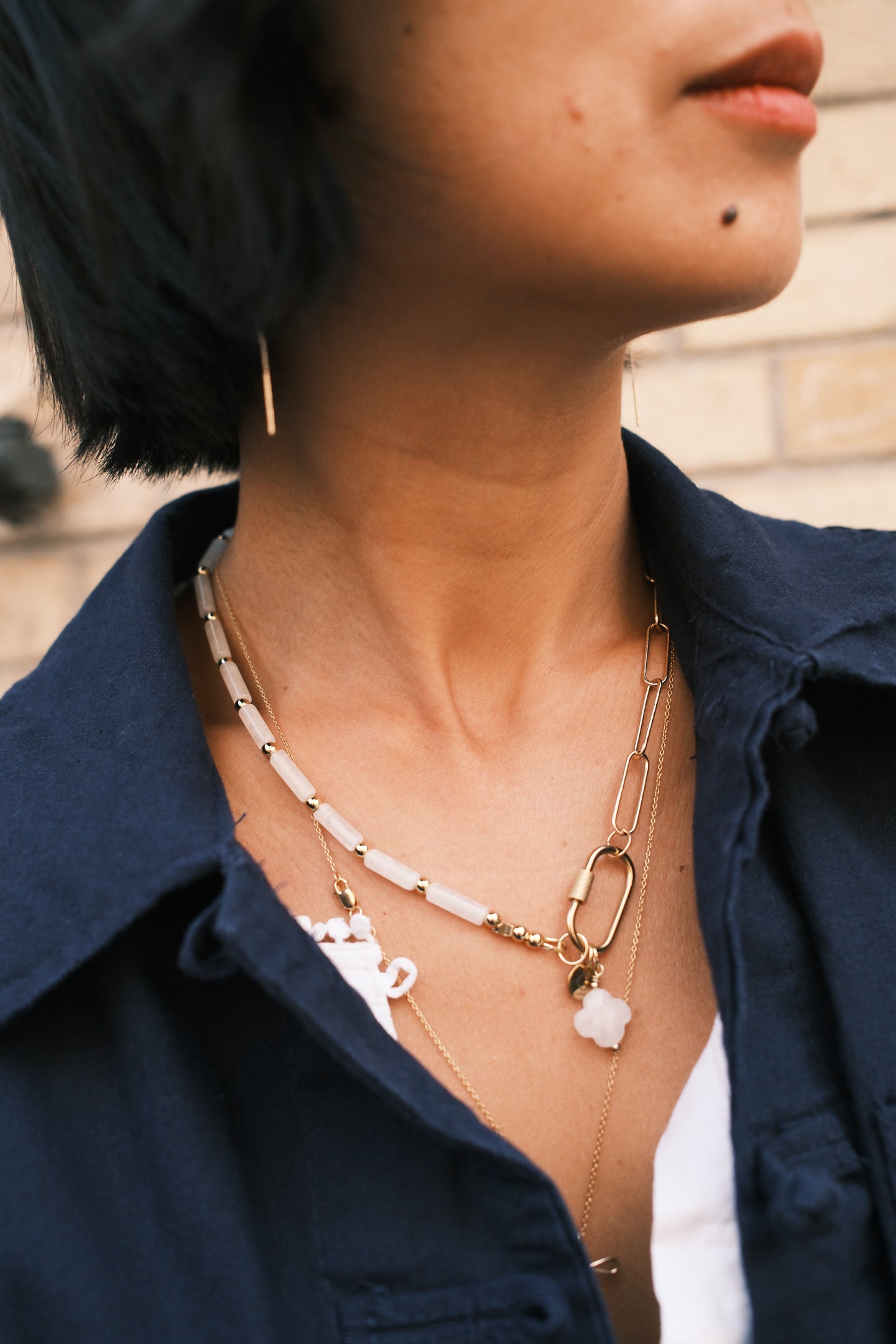 Collier mixte jade blanc et chaîne