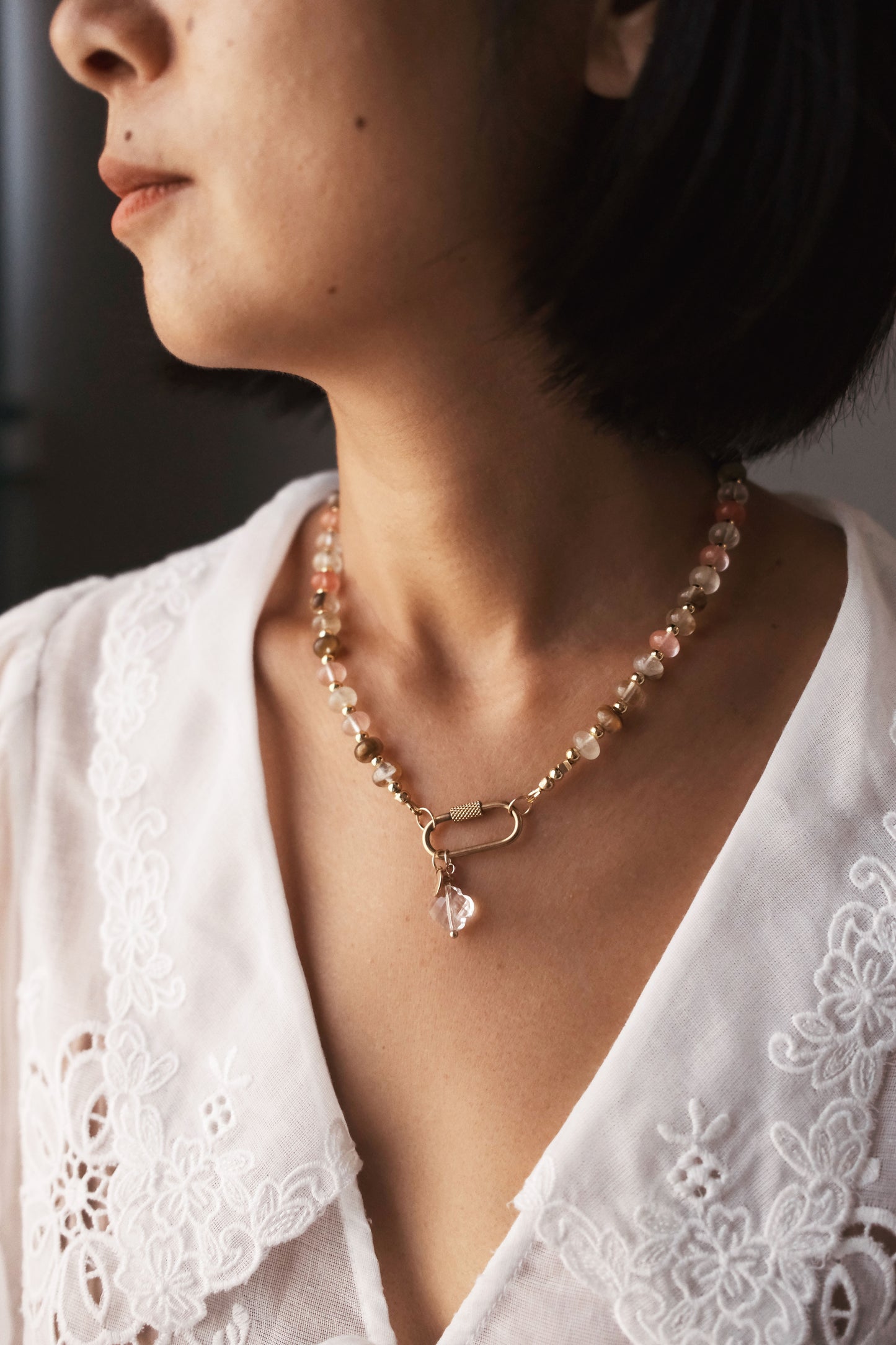 Collier bonbons quartz rose